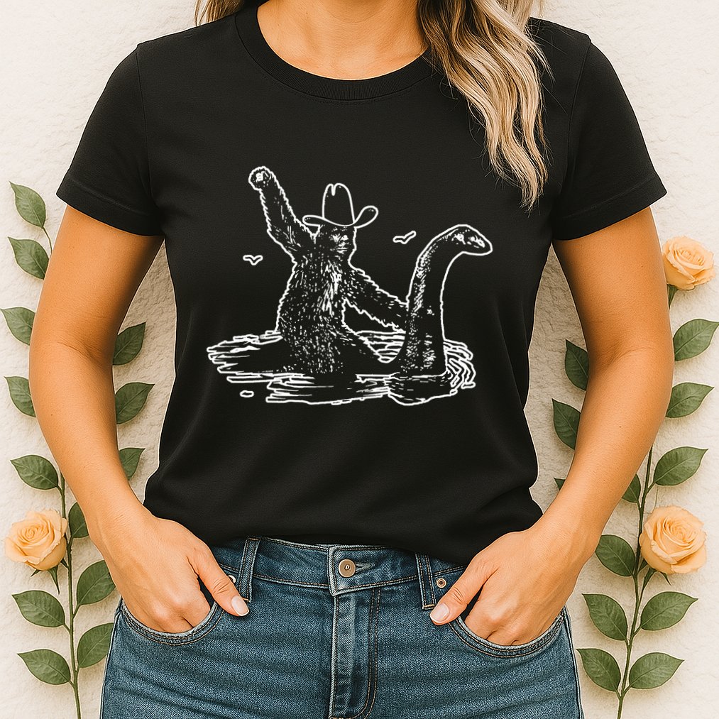 Bigfoot Riding Nessie Womens T-Shirt
