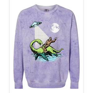 Bigfoot Riding Nessie & UFO Aliens At Night Funny Retro Colorblast Crewneck Sweatshirt