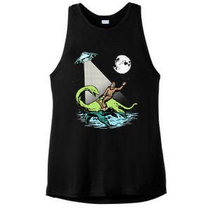 Bigfoot Riding Nessie & UFO Aliens At Night Funny Retro Ladies PosiCharge Tri-Blend Wicking Tank