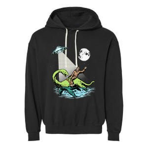 Bigfoot Riding Nessie & UFO Aliens At Night Funny Retro Garment-Dyed Fleece Hoodie