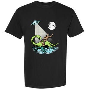 Bigfoot Riding Nessie & UFO Aliens At Night Funny Retro Garment-Dyed Heavyweight T-Shirt