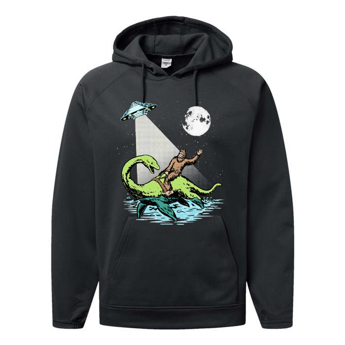 Bigfoot Riding Nessie & UFO Aliens At Night Funny Retro Performance Fleece Hoodie