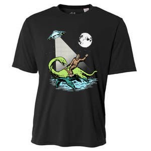 Bigfoot Riding Nessie & UFO Aliens At Night Funny Retro Cooling Performance Crew T-Shirt