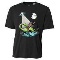 Bigfoot Riding Nessie & UFO Aliens At Night Funny Retro Cooling Performance Crew T-Shirt