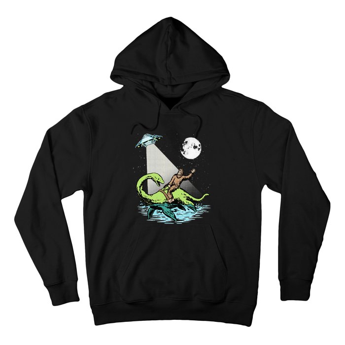 Bigfoot Riding Nessie & UFO Aliens At Night Funny Retro Hoodie