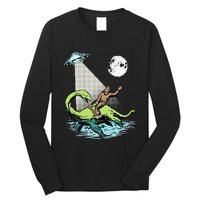 Bigfoot Riding Nessie & UFO Aliens At Night Funny Retro Long Sleeve Shirt