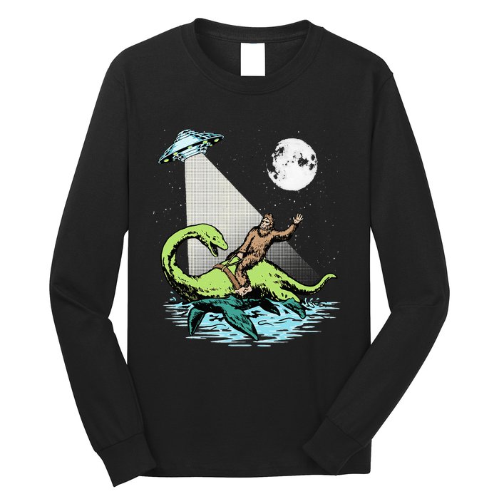 Bigfoot Riding Nessie & UFO Aliens At Night Funny Retro Long Sleeve Shirt