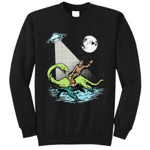 Bigfoot Riding Nessie & UFO Aliens At Night Funny Retro Sweatshirt