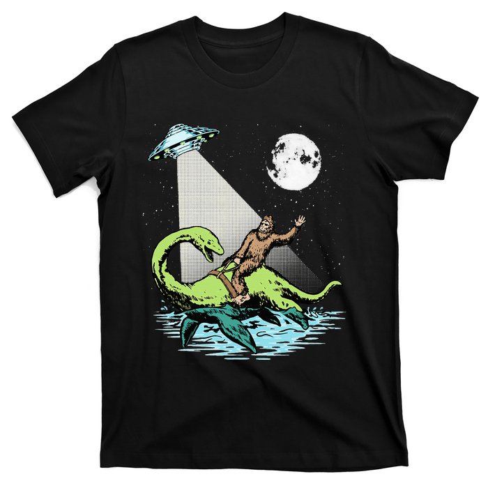 Bigfoot Riding Nessie & UFO Aliens At Night Funny Retro T-Shirt