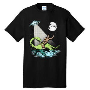 Bigfoot Riding Nessie & UFO Aliens At Night Funny Retro Tall T-Shirt