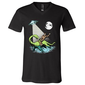 Bigfoot Riding Nessie & UFO Aliens At Night Funny Retro V-Neck T-Shirt