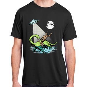 Bigfoot Riding Nessie & UFO Aliens At Night Funny Retro Adult ChromaSoft Performance T-Shirt