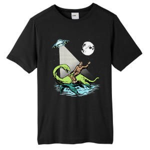 Bigfoot Riding Nessie & UFO Aliens At Night Funny Retro Tall Fusion ChromaSoft Performance T-Shirt