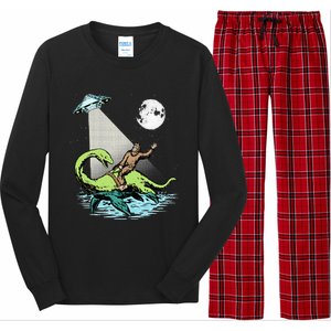 Bigfoot Riding Nessie & UFO Aliens At Night Funny Retro Long Sleeve Pajama Set