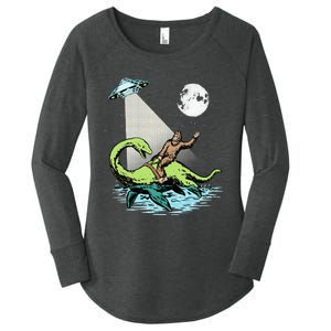 Bigfoot Riding Nessie & UFO Aliens At Night Funny Retro Women's Perfect Tri Tunic Long Sleeve Shirt