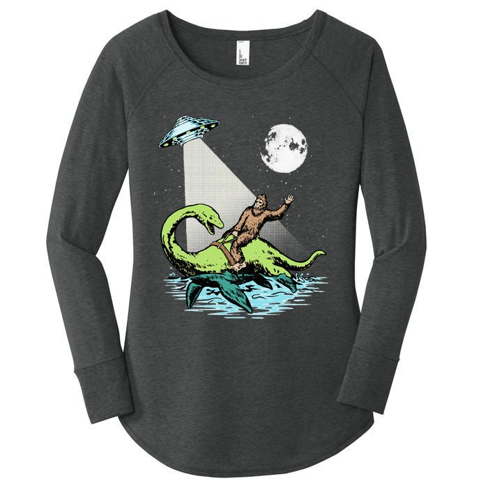 Bigfoot Riding Nessie & UFO Aliens At Night Funny Retro Women's Perfect Tri Tunic Long Sleeve Shirt