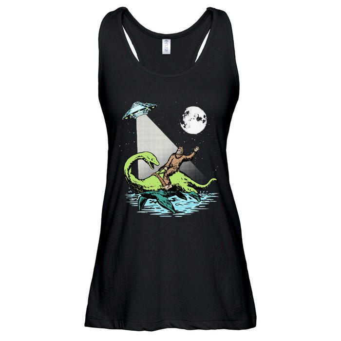 Bigfoot Riding Nessie & UFO Aliens At Night Funny Retro Ladies Essential Flowy Tank