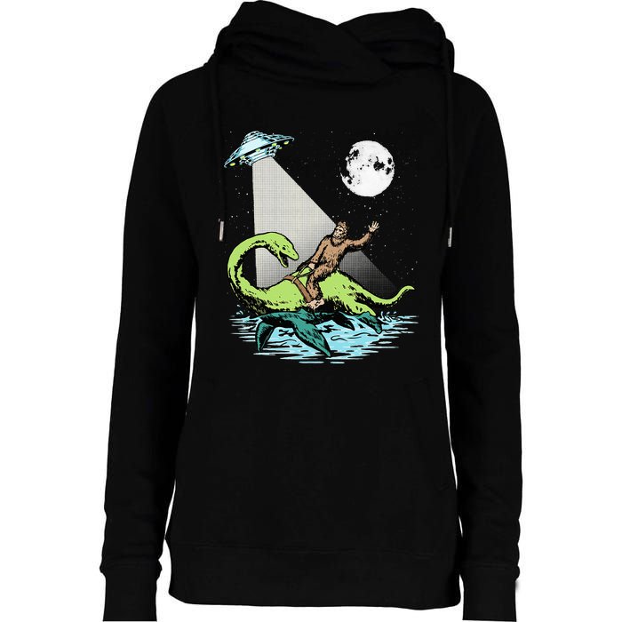 Bigfoot Riding Nessie & UFO Aliens At Night Funny Retro Womens Funnel Neck Pullover Hood