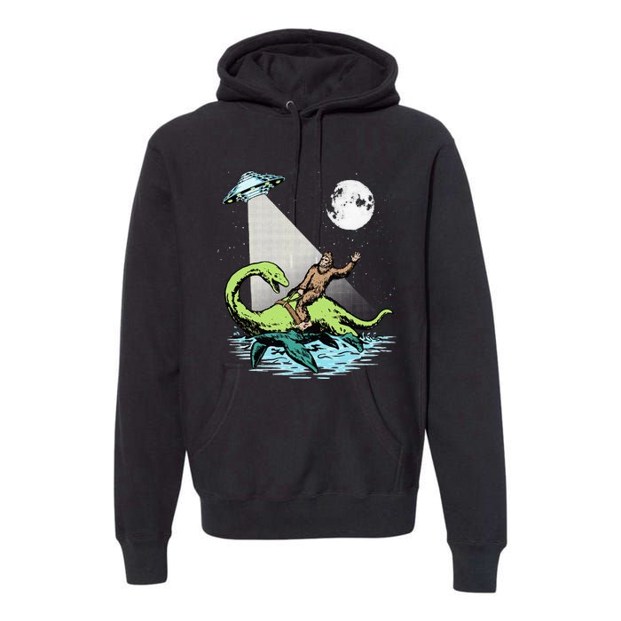 Bigfoot Riding Nessie & UFO Aliens At Night Funny Retro Premium Hoodie