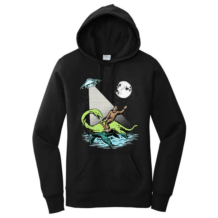 Bigfoot Riding Nessie & UFO Aliens At Night Funny Retro Women's Pullover Hoodie