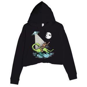 Bigfoot Riding Nessie & UFO Aliens At Night Funny Retro Crop Fleece Hoodie