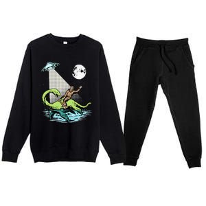 Bigfoot Riding Nessie & UFO Aliens At Night Funny Retro Premium Crewneck Sweatsuit Set