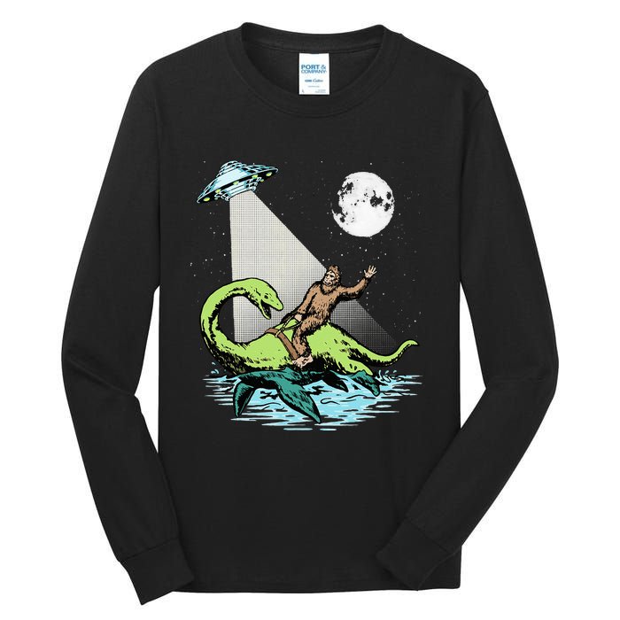 Bigfoot Riding Nessie & UFO Aliens At Night Funny Retro Tall Long Sleeve T-Shirt