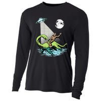 Bigfoot Riding Nessie & UFO Aliens At Night Funny Retro Cooling Performance Long Sleeve Crew