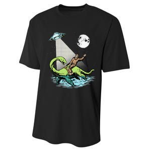 Bigfoot Riding Nessie & UFO Aliens At Night Funny Retro Performance Sprint T-Shirt