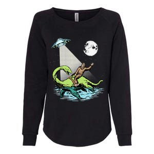 Bigfoot Riding Nessie & UFO Aliens At Night Funny Retro Womens California Wash Sweatshirt