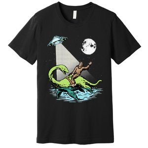 Bigfoot Riding Nessie & UFO Aliens At Night Funny Retro Premium T-Shirt