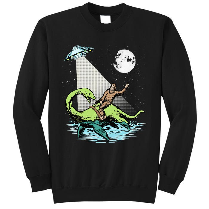 Bigfoot Riding Nessie & UFO Aliens At Night Funny Retro Tall Sweatshirt