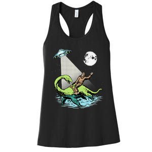 Bigfoot Riding Nessie & UFO Aliens At Night Funny Retro Women's Racerback Tank