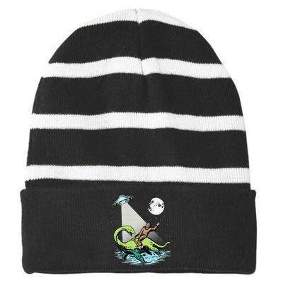 Bigfoot Riding Nessie & UFO Aliens At Night Funny Retro Striped Beanie with Solid Band