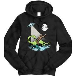 Bigfoot Riding Nessie & UFO Aliens At Night Funny Retro Tie Dye Hoodie