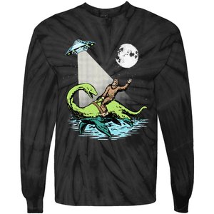 Bigfoot Riding Nessie & UFO Aliens At Night Funny Retro Tie-Dye Long Sleeve Shirt