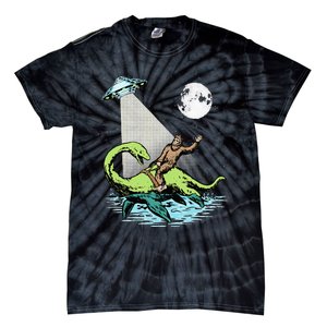 Bigfoot Riding Nessie & UFO Aliens At Night Funny Retro Tie-Dye T-Shirt