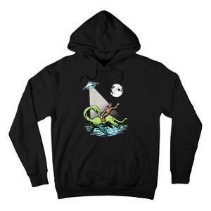 Bigfoot Riding Nessie & UFO Aliens At Night Funny Retro Tall Hoodie