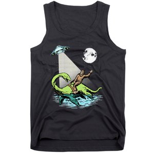 Bigfoot Riding Nessie & UFO Aliens At Night Funny Retro Tank Top