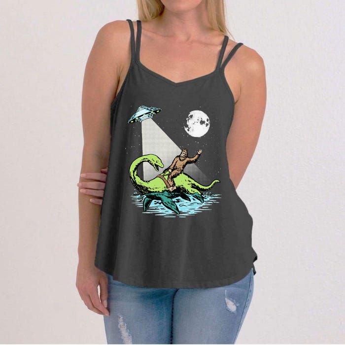 Bigfoot Riding Nessie & UFO Aliens At Night Funny Retro Women's Strappy Tank