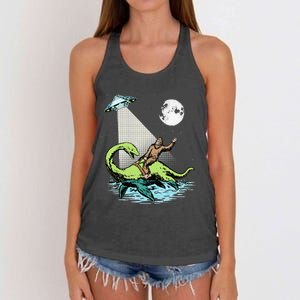 Bigfoot Riding Nessie & UFO Aliens At Night Funny Retro Women's Knotted Racerback Tank