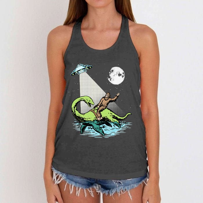 Bigfoot Riding Nessie & UFO Aliens At Night Funny Retro Women's Knotted Racerback Tank