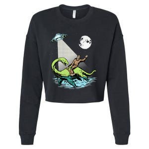 Bigfoot Riding Nessie & UFO Aliens At Night Funny Retro Cropped Pullover Crew