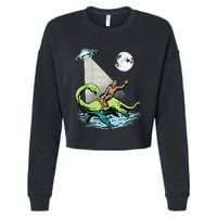 Bigfoot Riding Nessie & UFO Aliens At Night Funny Retro Cropped Pullover Crew