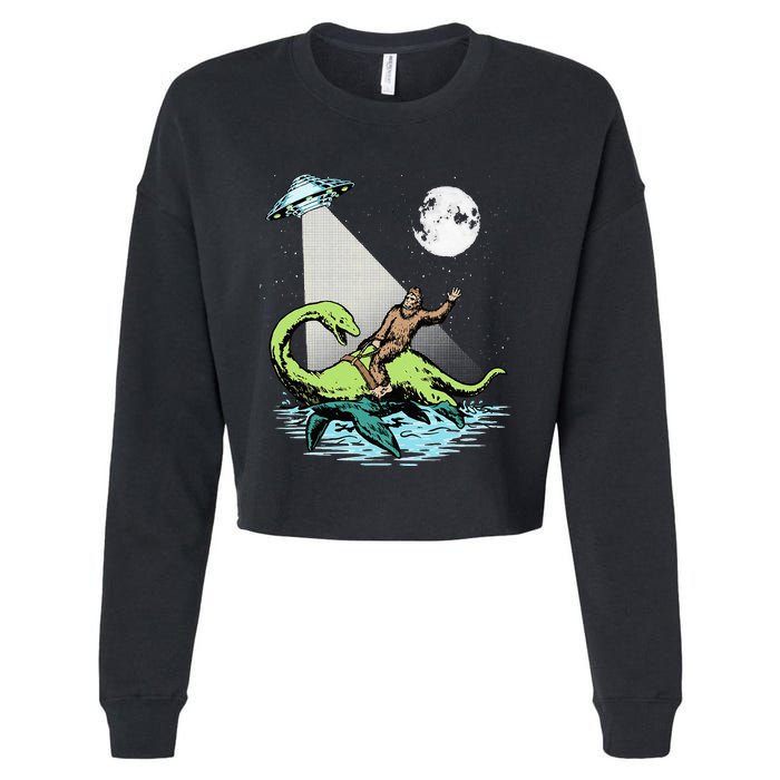 Bigfoot Riding Nessie & UFO Aliens At Night Funny Retro Cropped Pullover Crew