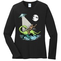 Bigfoot Riding Nessie & UFO Aliens At Night Funny Retro Ladies Long Sleeve Shirt