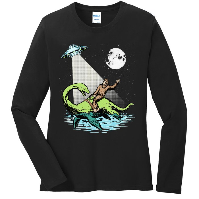 Bigfoot Riding Nessie & UFO Aliens At Night Funny Retro Ladies Long Sleeve Shirt