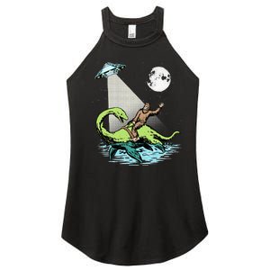 Bigfoot Riding Nessie & UFO Aliens At Night Funny Retro Women's Perfect Tri Rocker Tank