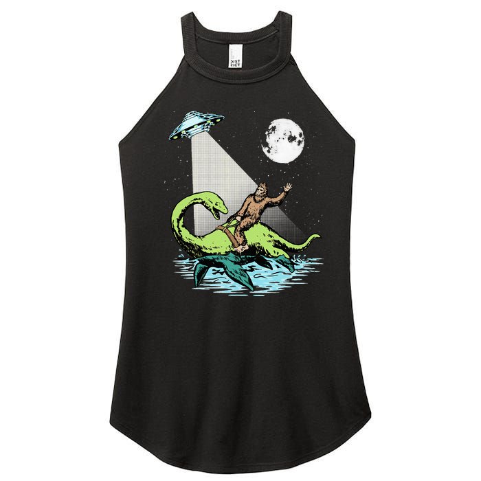 Bigfoot Riding Nessie & UFO Aliens At Night Funny Retro Women's Perfect Tri Rocker Tank