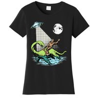 Bigfoot Riding Nessie & UFO Aliens At Night Funny Retro Women's T-Shirt